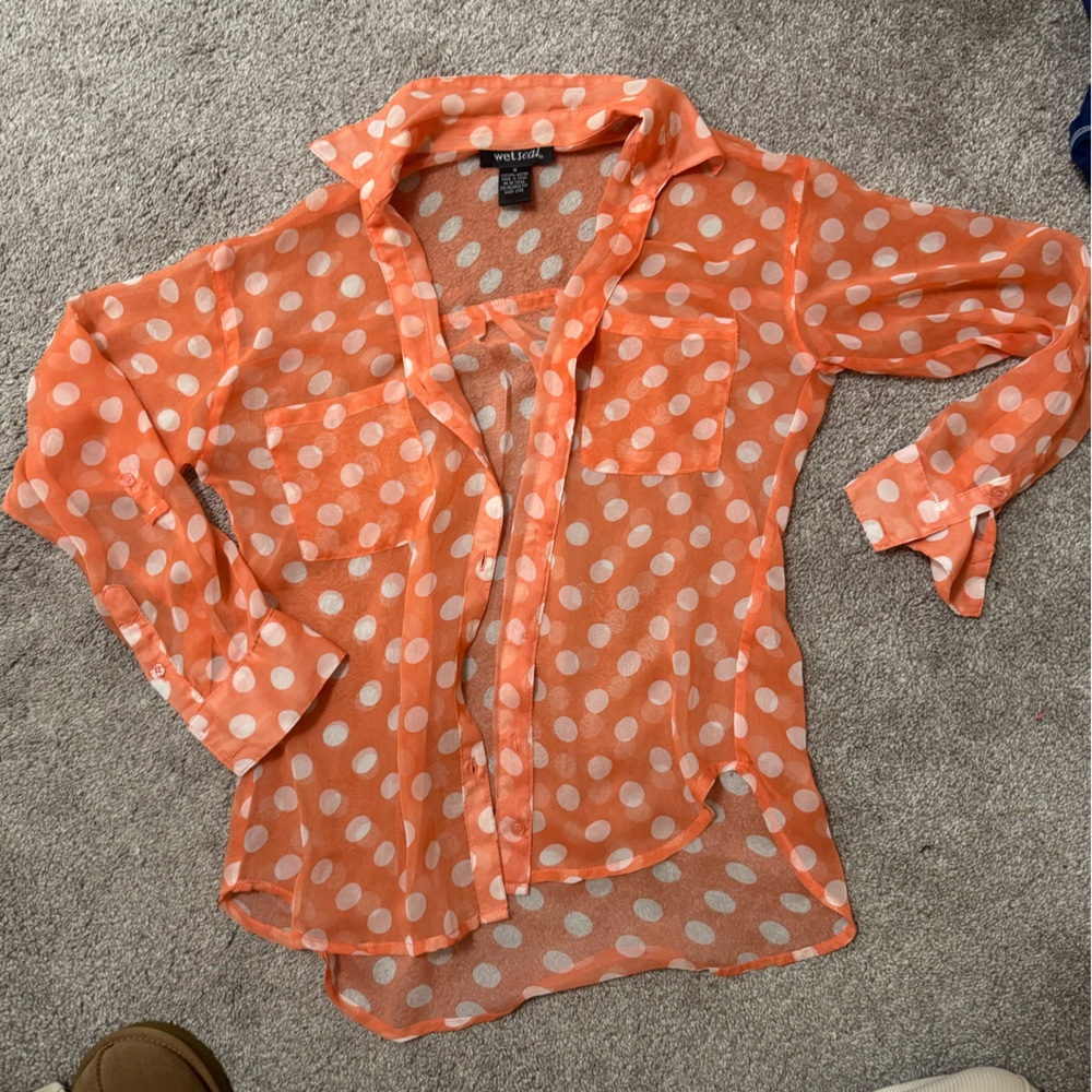 Wet Seal Sheer Orange and White 3/4 Sleeve Top